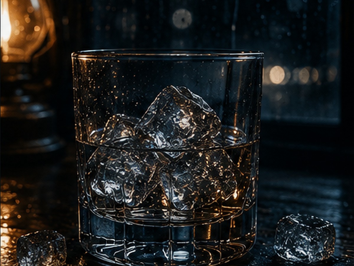 Glass artwork: a tumbler with ice in a quiet, dimly lit setting